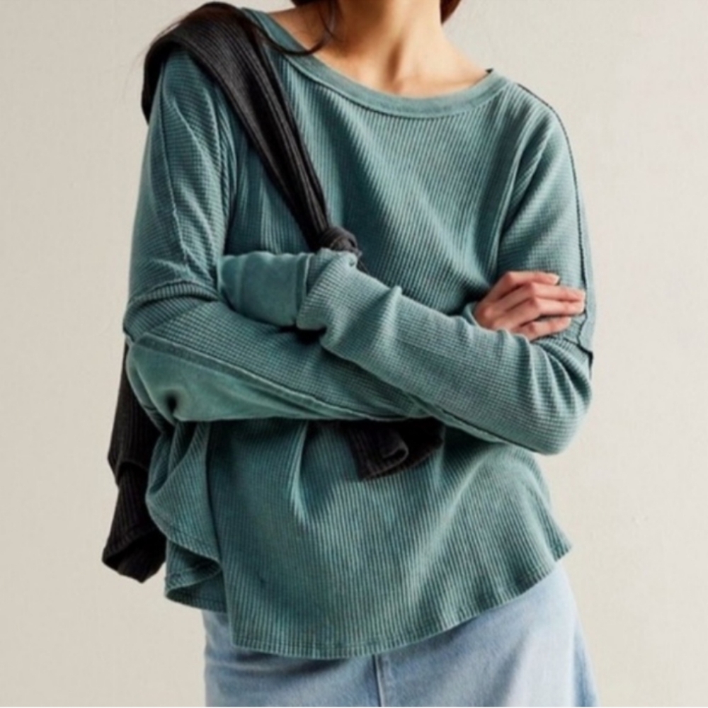 New! Free People Microphone Drop Thermal We The Free in Silver Pine - Picture 2 of 8
